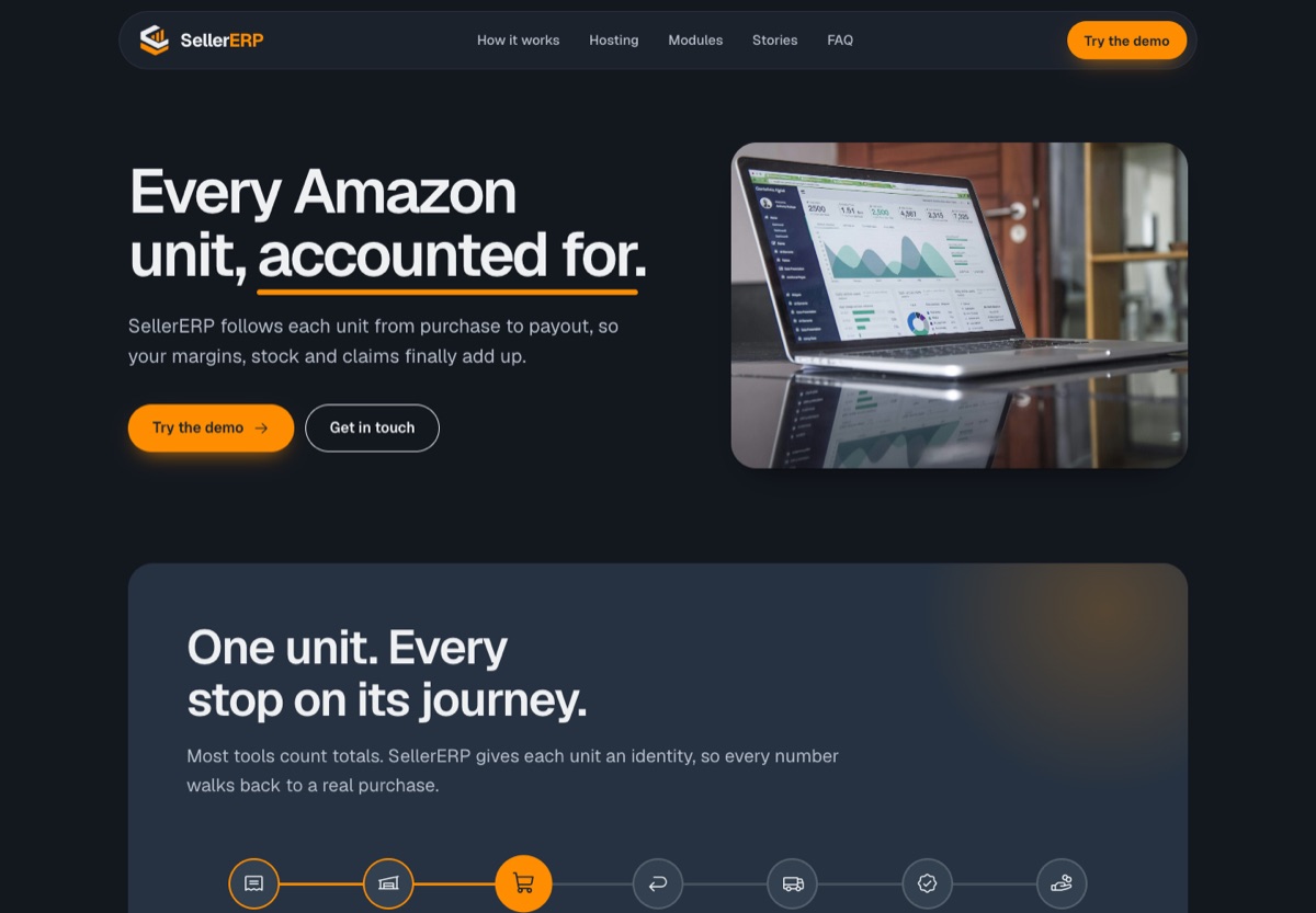 SellerERP website: headline Every Amazon unit, accounted for, with a laptop showing the dashboard.